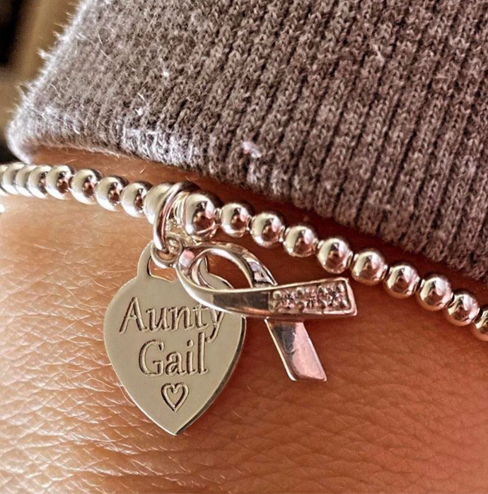 Classic Sterling Silver Bracelet with Personalised Heart & Cancer ribbon charm