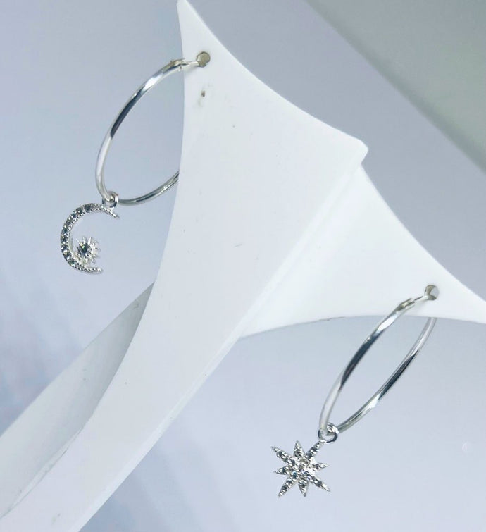 Sparkly star and moon hoop earrings