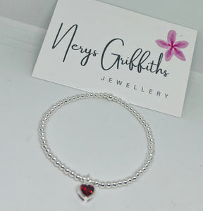 Classic Sterling Silver Bracelet with Garnet Red Heart Charm